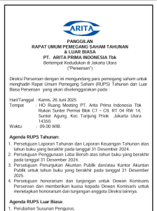 PANGGILAN  RAPAT UMUM PEMEGANG SAHAM TAHUNAN  & LUAR BIASA  PT. ARITA PRIMA INDONESIA Tbk (Tahun 2025)